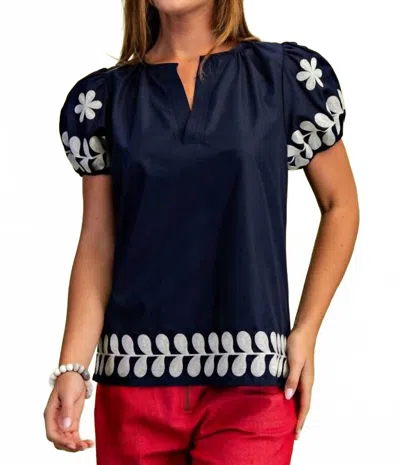 Gigio Puff Sleeve V-neck Top In Navy/ White In Blue