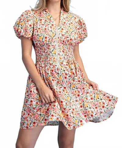 Gigio Rose Print Puff Sleeve Mini Dress In Pink