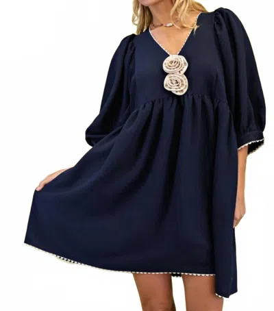 Gigio Rosette Adorned V-neck Mini Dress In Navy In Blue