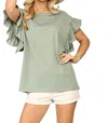 Gigio Roxane Solid Slub Cotton Knit Shoulder Flutter Sleeve Top In Dusty Mint In Multi