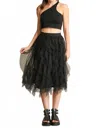 Gigio Ruffled Tulle Elastic Waist Midi Skirt In Black In Animal Print