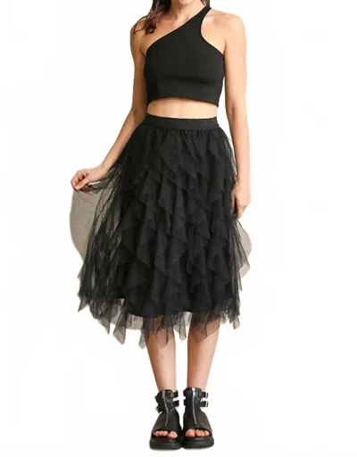 Gigio Ruffled Tulle Elastic Waist Midi Skirt In Black In Animal Print