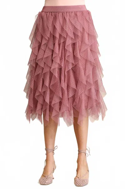 Gigio Ruffled Tulle Elastic Waist Midi Skirt In Dusty Rose In Brown