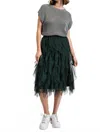 Gigio Ruffled Tulle Elastic Waist Midi Skirt In Hunter Green In Green