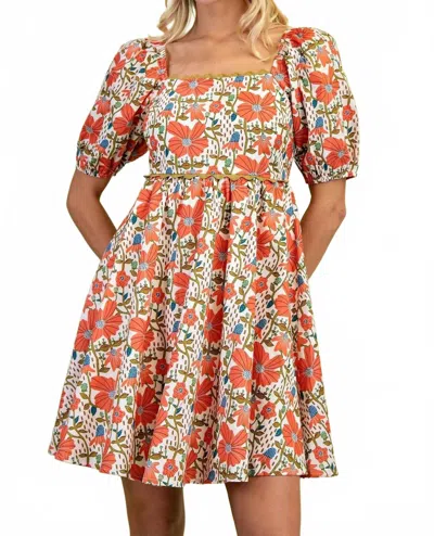 Gigio Square Neck Floral Mini Dress In Coral Mix In Multi