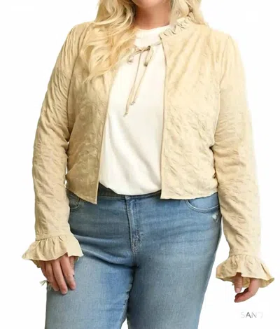 Gigio Textured Knit Ruffled Neckline Cardigan In Sand In Nude