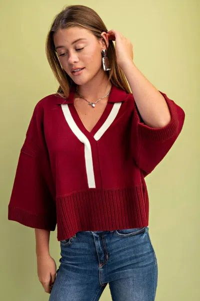 Gigio V Neck Collared Sweater In One Color In Burgundy