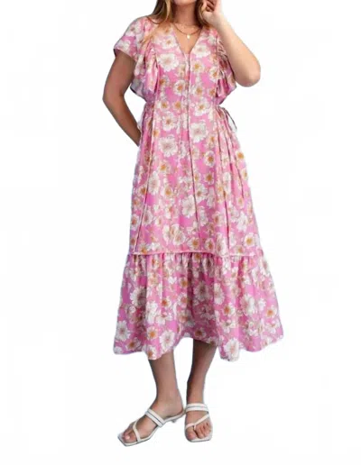 Gigio Vibrant Floral Print V-neck Midi Dress In Pink