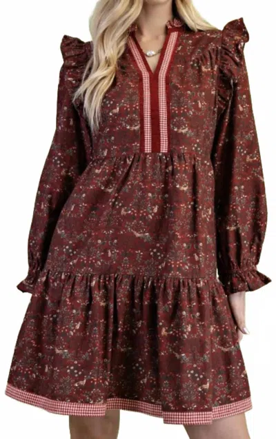 Gigio Vintage Woodland Print Tiered Dress In Brick Mix In Brown