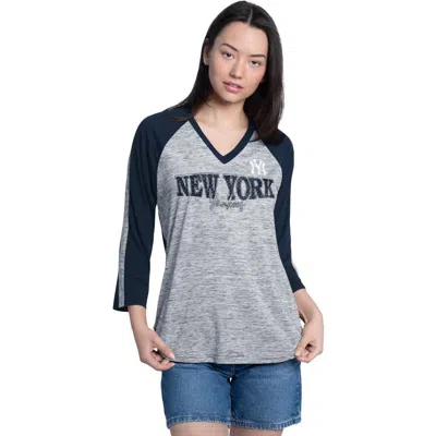 G-iii 4her By Carl Banks Navy/heather Navy New York Yankees Speed Training 3/4-sleeve Rhinestone V-n In Blue