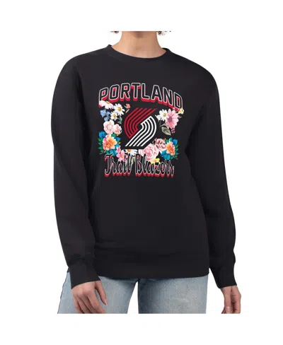 G-iii 4her By Carl Banks Women's Black Portland Trail Blazers Flowers Team Logo Graphic Fleece Crewneck Pullover Sweatshirt