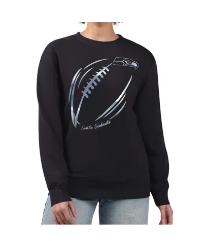 G-iii 4her By Carl Banks Women's Black Seattle Seahawks Metallic Print Football Sketch Fleece Crewneck Sweatshirt