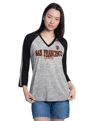 G-iii 4her By Carl Banks Women's Black/heather Black San Francisco Giants Speed Training 3/4-sleeve Rhinestone V-neck T-shirt In Multi