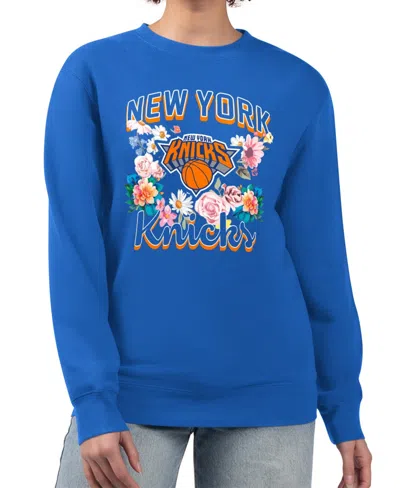 G-iii 4her By Carl Banks Women's Blue New York Knicks Flowers Team Logo Graphic Fleece Crewneck Pullover Sweatshirt
