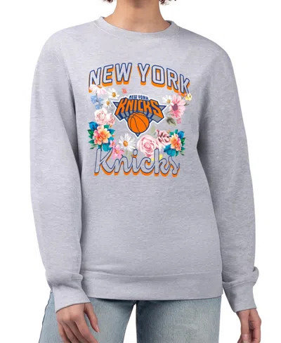 G-iii 4her By Carl Banks Women's Heather Gray New York Knicks Flowers Team Logo Graphic Fleece Crewneck Pullover Sweatshirt In Multi