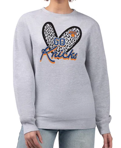 G-iii 4her By Carl Banks Women's Heather Gray New York Knicks Leopard Heart Fleece Pullover Sweatshirt