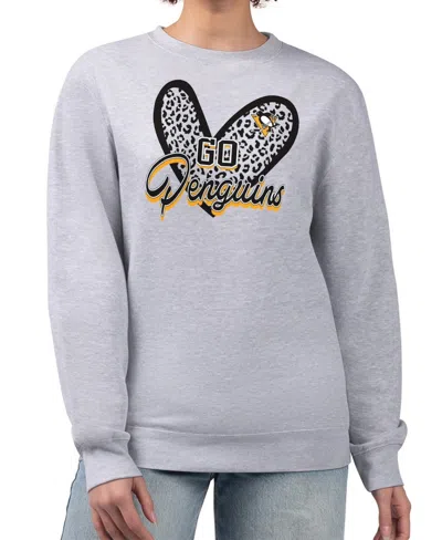 G-iii 4her By Carl Banks Women's Heather Gray Pittsburgh Penguins Animal Print Heart Fleece Pullover Sweatshirt