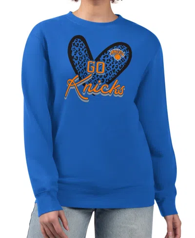 G-iii 4her By Carl Banks Women's Royal New York Knicks Leopard Heart Fleece Pullover Sweatshirt In Blue