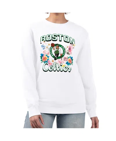 G-iii 4her By Carl Banks Women's White Boston Celtics Flowers Team Logo Graphic Fleece Crewneck Pullover Sweatshirt