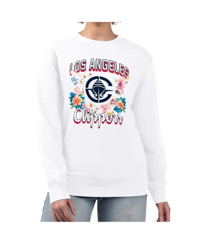 G-iii 4her By Carl Banks Women's White La Clippers Flowers Team Logo Graphic Fleece Crewneck Pullover Sweatshirt