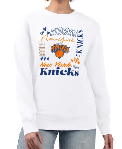 G-iii 4her By Carl Banks Women's White New York Knicks Collage Team Graphic Fleece Pullover Sweatshirt In Multi