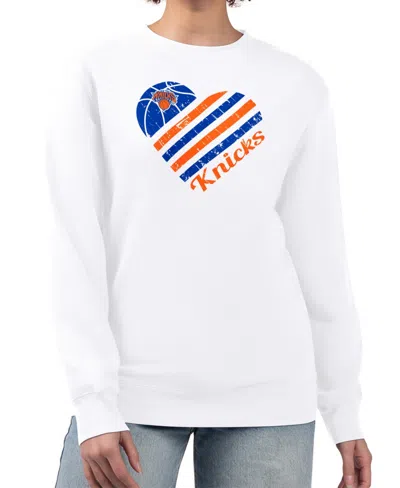 G-iii 4her By Carl Banks Women's White New York Knicks Heart Graphic Fleece Pullover Sweatshirt