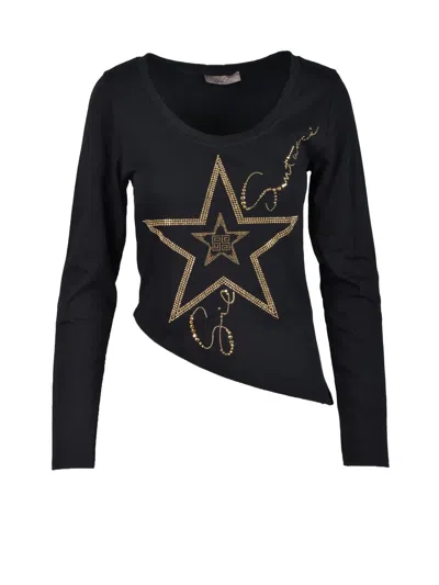 Gil Santucci Black Asymmetrical Hem Star Graphic Stretch Cotton Top