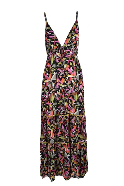 Gil Santucci Black Viscose Long Dress In Multi