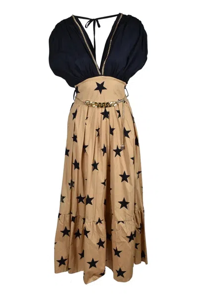 Gil Santucci Black/beige Long Cotton Dress In Brown