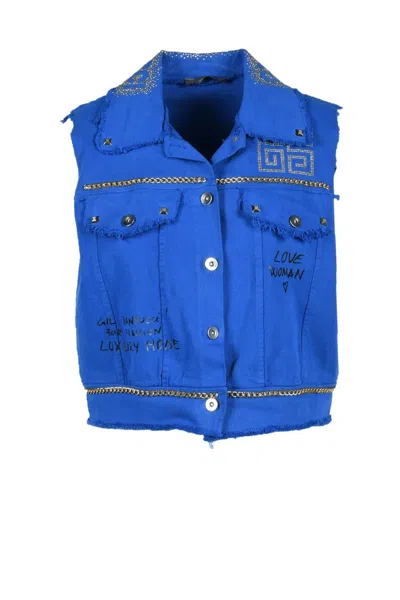 Gil Santucci Cropped Blue Vest-style Coat With Gold Embellishments And Artistic Prints