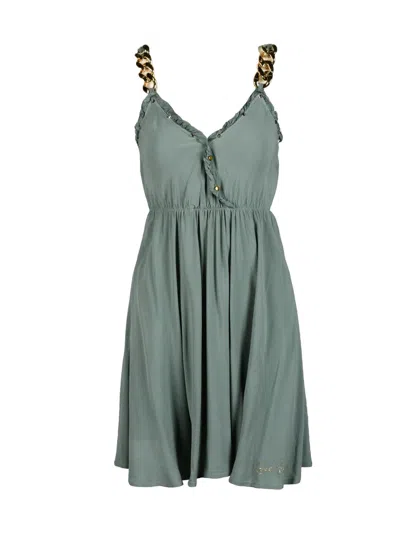 Gil Santucci Military Green Short Dress With Chain Straps And Gathered Bust In Grey