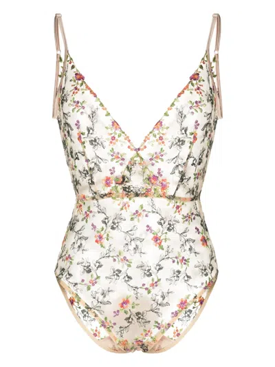 Gilda & Pearl Floral-embroidery Silk Bodysuit In Brown
