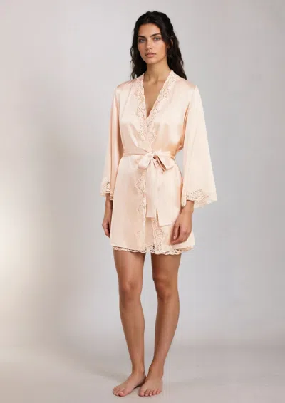Gilda & Pearl Pink Lemonade Short Silk Robe With Lace In Neutral