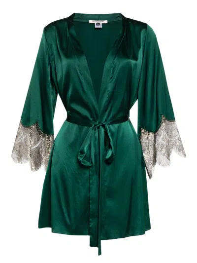 Gilda & Pearl Matinee Lace-trim Silk Robe In Green