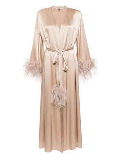 Gilda & Pearl Camille Silk And Feather Long Robe In 中性色