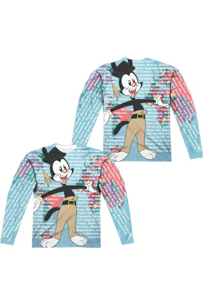 Gildan Animaniacs Yakko World (front/back Print) Long Sleeve Adult Poly Crew Tee / T-shirt In Blue