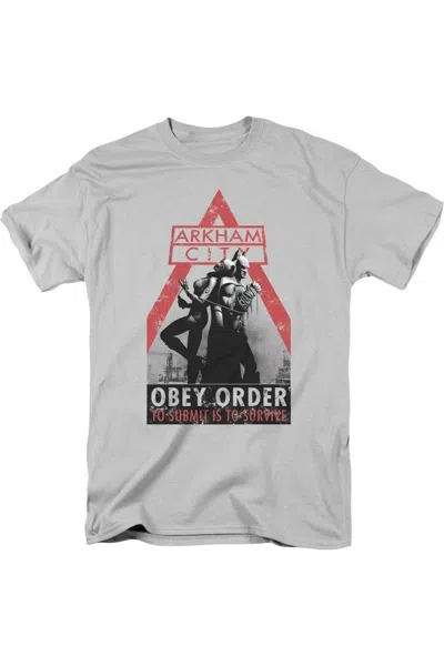 Gildan Batman Arkham City Obey Order Short Sleeve Adult Tee / T-shirt In Silver