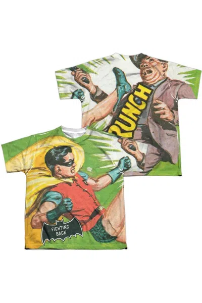 Gildan Kids' Batman Classic Tv Fighting Back (front/back Print) Short Sleeve Youth Poly Crew Tee / T-shirt In Green