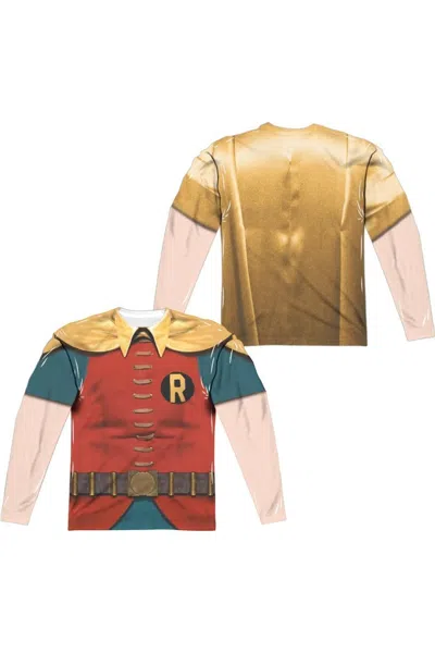 Gildan Batman Classic Tv Robin Costume (front/back Print) Long Sleeve Adult Poly Crew Tee / T-shirt In White