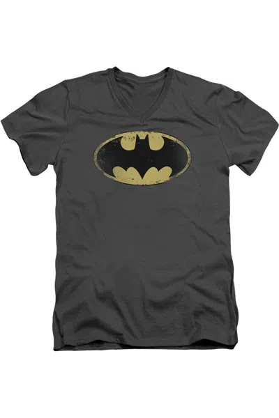 Gildan Batman Distressed Shield Short Sleeve Adult V Neck Tee / T-shirt In Gray