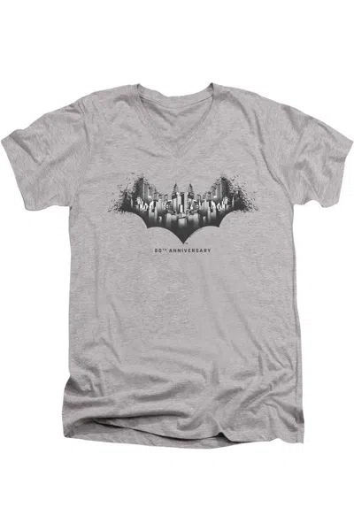 Gildan Batman Gotham Shield Short Sleeve Adult V Neck Premium Cotton Tee / T-shirt In Gray
