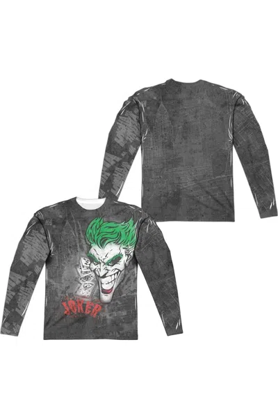 Gildan Batman Joker Sprays The City (front/back Print) Long Sleeve Adult Poly Crew Tee / T-shirt In Gray