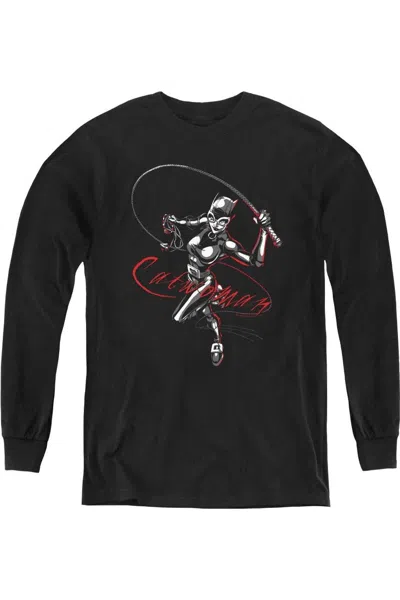 Gildan Kids' Batman Kitten With A Whip Youth Long Sleeve Tee / T-shirt In Black