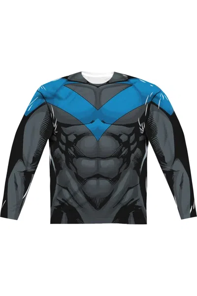 Gildan Batman Nightwing Blue Uniform (front/back Print) Long Sleeve Adult Poly Crew Tee / T-shirt In White