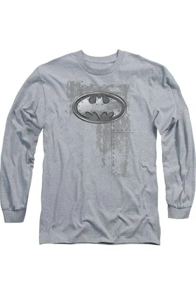 Gildan Batman Rivited Metal Logo Long Sleeve Adult Tee / T-shirt In Gray