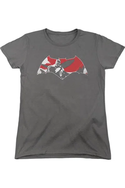 Gildan Batman V Superman Armor Splatter Logo Short Sleeve Womens Tee / T-shirt In Gray