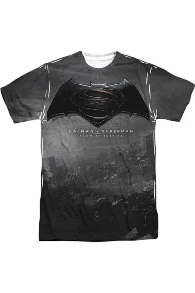 Gildan Batman V Superman Logo City Short Sleeve Adult Poly Crew Tee / T-shirt In Gray
