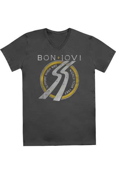 Gildan Bon Jovi Slippery When Wet World Tour Short Sleeve Adult V Neck Premium Cotton Tee / T-shirt In Pink