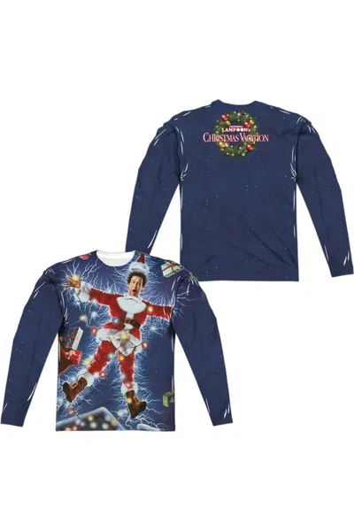Gildan Christmas Vacation Electrified (front/back Print) Long Sleeve Adult Poly Crew Tee / T-shirt In Blue