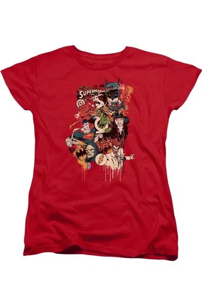 Gildan Dc Comics Dripping Characters Short Sleeve Womens Tee / T-shirt In Red